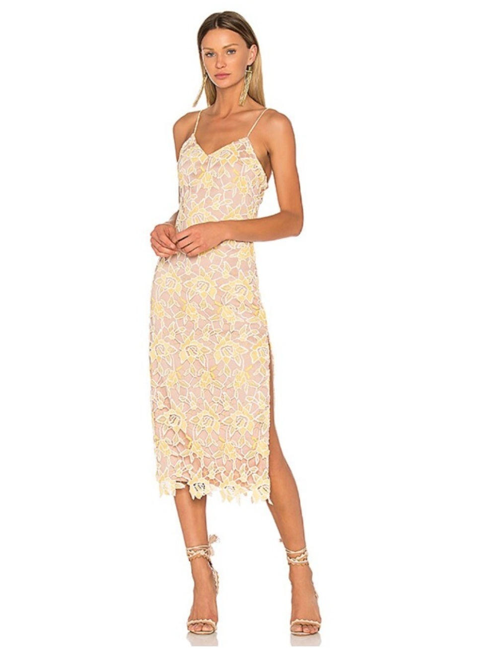 NBD Donna Crochet Floral Lace V-Neck Sheath Midi Dress Sunshine Yellow XS